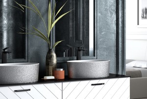 Besco Uniqa Glam Srebrna umywalka nablatowa 32x46x17 #UMD-U-NGSW z białym korkiem klik-klak