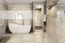 Elegancka łazienka z białą wanną wolnostojącą, kabiną prysznicową oraz płytkami imitującymi marmur Florim Contemporary Design Exalt Oyster Shade