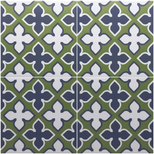 Patchworkowa, geometryczna, gresowa płytka podłogowa Equipe Rivoli Gigi 20x20 w kolorach zielonym, niebieskim oraz białym