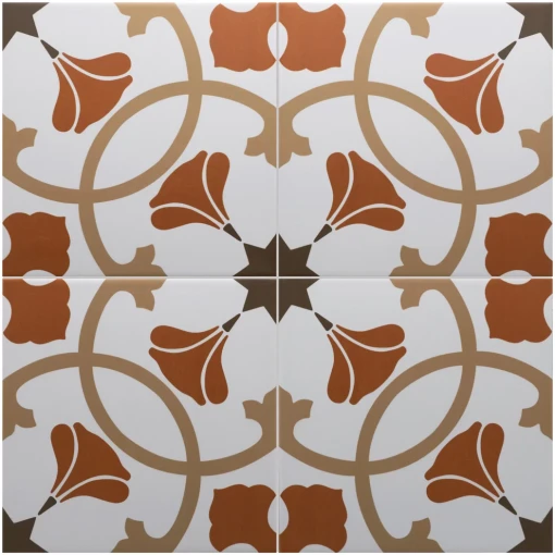 Gresowa płytka patchworkowa Equipe Rivoli Austin 20x20 z kwiatowym efektem patchworku w brązowym i białym kolorze