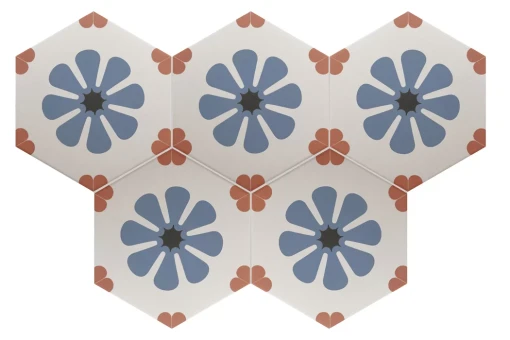 Patchworkowa płytka Equipe Coimbra Bella Blue 17,5x20 z kwiatowym motywem w brązowym, niebieskim oraz szarym kolorze