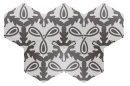 Płytka gresowa, heksagonalna z kwiatowym patchworkiem w kolorze czarno białym