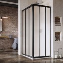 Nowoczesna łazienka z szarymi płytkami ściennymi, z brązową cegiełką ścienną i lustrem oraz kabiną prysznicową prysznicową 80x90x198 cm, Ravak Supernova ASRV3-80 15V403R2ZG , z mlecznym szkłem oraz czarnymi profilami