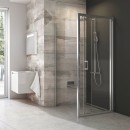 Designerska łazienka z szarymi płytkami , z białą wiszącą umywalką oraz kabiną prysznicową wraz z ścianką stałą  80x190 cm, Ravak Blix BLPSZ-80 X93H40C00Z1 z chromowymi profilami