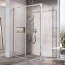 Nowoczesna łazienka z szarymi płytkami , z designerskim stolikiem łazienkowym oraz kabiną prysznicową wraz z ścianką prysznicową 80x195 cm, Ravak Blix Slim BLSPS-80 X9BM40C00Z1 z aluminiowymi profilami
