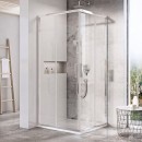 Nowoczesna łazienka z szarymi płytkami , z designerskim stolikiem łazienkowym oraz narożną kabiną prysznicową 80x80x195 cm, Ravak Blix Slim BLSRV2-80 X1LM40C00Z1 z aluminiowymi profilami