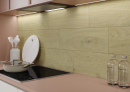 Kuchnia z óżowym blatem i brązowymi płytkami na ścianie drewnopodobnymi Paradyż Ceramika Decorwood Gold Struktura Mat