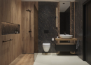 Nowoczesna łazienka w stylu glamour, z białą umywalką nablatową, złotym kinkietem ściennym, kabiną prysznicową z płytkami drewnopodonymi Paradyż Ceramika Greatwood Honey oraz płytkami imitującymi marmur Paradyż Ceramika Carrastone Black Mat