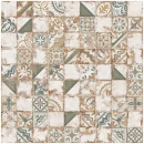 Rustykalna, postarzana płytka podłogowa El Molino Verde Brillo Rect. 58x58 z patchworkowymi wzorami w kolorach zieleni i beżowym tłem