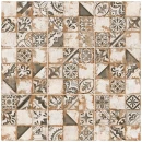 Patchworkowa, rustykalna płytka podłogowa Hiszpańskiego producenta El Molino Memory Gris Brillo Rect. 58x58 pokazująca postarzany patchwork w grafitowym kolorze i beżowym tłem