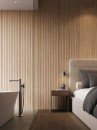 Sypialnia połączona z łazienką z brązowymi płytkami drewnopodobnymi na ścianie Porcelanosa Gent Line 3D Arce Matt 59,6x150 100337332