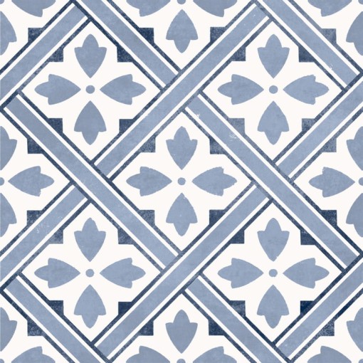 Płytka gresowa pachworkowa w kolorze biało-niebieskim w orientalnym wzorze, matowe wykończenie Marmara Cortland Midnight 33x33