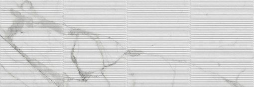 Biała płytka ścienna Marazzi Fabula Wall 3D Gentle Statuario 33x100 cm MN3K z delikatną teksturą i wzorem marmuru z subtelnymi przebarwieniami, z prążkowanym, trójwymiarowym wykończeniem