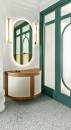 Elegancki przedpokój z lustrem, komodą i lampami w stylu art deco oraz podłogą wyłożoną płytkami lastryko Marazzi Frammento Micro Verde R10