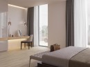Sypialnia z toaletką i białymi dekoracyjnymi płytkami ściennymi Porcelanosa Dubai White 25x44,3 100271680