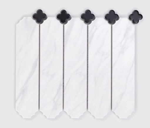 Mozaika dekoracyjna ścienno-podłogowa w kolorze białym marmuropodobna, matowa powierzchnia Raw Decor Cecile Marble Matowy z Czarną Koniczyną 25x22,8