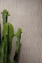 Ściana wyłożona beżowymi płytkami Marazzi Naturalia Beige Struttura Codex 3D 33x100 MENG, z wyraźnym, trójwymiarowym wzorem pionowych żłobień, na pierwszym planie widoczne są fragmenty zielonego kaktusa