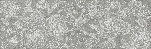 Teksturowana płytka ścienna Marazzi Naturalia Decoro Incisione Grigio Touch 33x100 MENN z powtarzającym się motywem stylizowanych kwiatów i liści w jasnoszarym kolorze na matowym, ciemniejszym szarym tle
