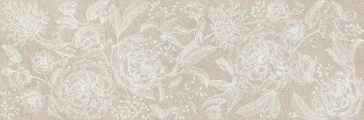 Teksturowana płytka ścienna Marazzi Naturalia Decoro Incisione Beige Touch 33x100 MENP z powtarzającym się motywem stylizowanych kwiatów i liści w jasnobeżowym kolorze na matowym, cieplejszym beżowym tle