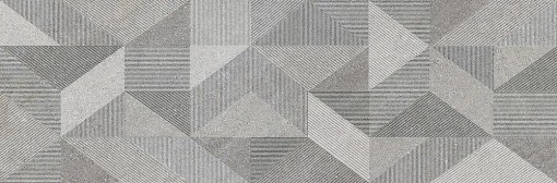 Teksturowana płytka ścienna Marazzi Naturalia Decoro Micro Grigio Touch 33x100 MENR z powtarzającym się, dynamicznym wzorem geometrycznym składającym się z trójkątów wypełnionych różnymi rodzajami linii w odcieniach szarości