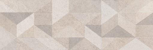 Teksturowana płytka ścienna Marazzi Naturalia Decoro Micro Beige Touch 33x100 cm MENS z powtarzającym się, dynamicznym wzorem geometrycznym składającym się z trójkątów wypełnionych różnymi rodzajami linii w odcieniach beżu