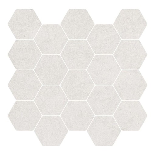 Arkusz mozaiki ceramicznej Marazzi Naturalia Bianco Mosaico 30,3x30,3 MF2E, zawierający liczne szare płytki w kształcie sześciokątów