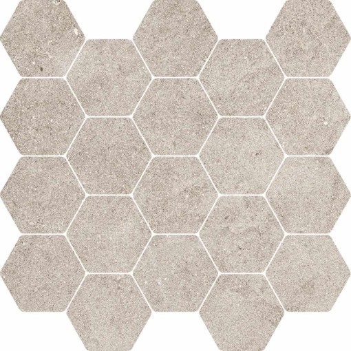 Arkusz mozaiki ceramicznej Marazzi Naturalia Beige Mosaico 30,3x30,3 MF2F, zawierający liczne szare płytki w kształcie sześciokątów