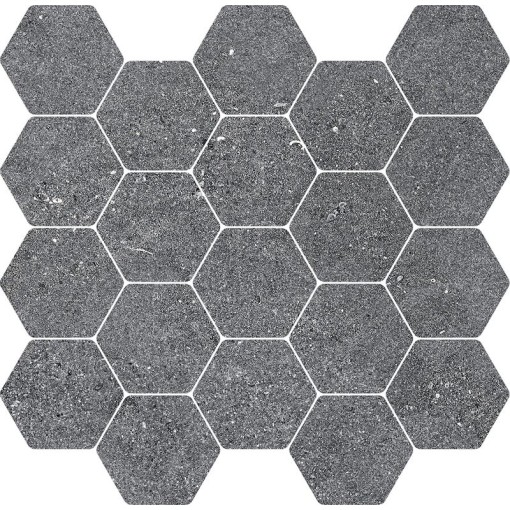 Arkusz mozaiki ceramicznej Marazzi Naturalia Cenere Mosaico 30,3x30,3 MF2J, zawierający liczne szare płytki w kształcie sześciokątów