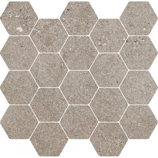 Arkusz mozaiki ceramicznej Marazzi Naturalia Taupe Mosaico 30,3x30,3 MF2G, zawierający liczne szare płytki w kształcie sześciokątów