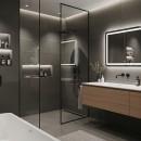 Elegancka łazienka z minimalistycznym designem, z dominującymi płytkami Marazzi SistemS Antracite 60x60 cm MQYW, drewnianą szafką pod umywalką i czarną armaturą, tworzącą wyrafinowany kontrast