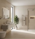 Minimalistyczna łazienka z pływającą szafką pod umywalką, eleganckim białym zlewem i bezramową szklaną kabiną prysznicową, wszystko na tle płytek Marazzi Slow Sabbia 75x75 cm MFNS