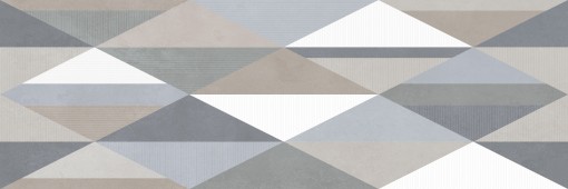Multikolorowa płytka dekoracyjna z geometrycznym wzorem Marazzi White Deco Vision Touch 60x180 cm ME0N, składająca się z trójkątów w odcieniach szarości, beżu i bieli