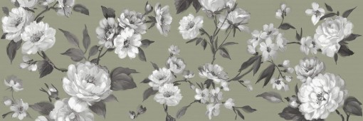 Zielona płytka dekoracyjna z motywem kwiatowym Marazzi White Deco Decoro Roseto Touch 60x180 cm MF97, z delikatnymi różami i liśćmi w odcieniach zieleni