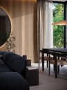 Salon z czarną kanapą, drewnianym stołem, podświetlanym lustrem oraz płytkami ściennymi drewnopodobnymi z efektem boazerii Porcelanosa Stripe 3D London Arce 59,6x150 100371137