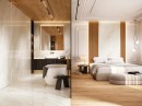 Sypialnia w stylu glamour połączona z łazienką i z płytkami podłogowymi drewnopodobnymi Porcelanosa London Roble