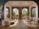Eleganckie, jasne wnętrze przestrzeni restauracyjnej z dekoracyjną sztukaterią, dużymi oknami łukowymi, stolikami z krzesłami o jasnych siedziskach oraz płytkami podłogowymi drewnopodobnymi Porcelanosa Cambridge Arce