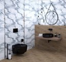 Płytka ścienna imitująca marmur w kolorze biało szarym, wykończenie powierzchni strukturalne w połysku, Geotiles RLV Valeria Plata 25x50, położona na ścianie w łazience z czarną armaturą oraz wiszącym okrągłym lustrem
