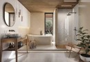 Płytka gresowa, podłogowa w kolorze kremowym, wykończenie powierzchni matowe, Geotiles Memory Blanco Rect. 90x90 położona na ścianie w łazience w której znajduje się prysznic, wanna, wiszące owalen lustro oraz drewniana szafka z umywalką