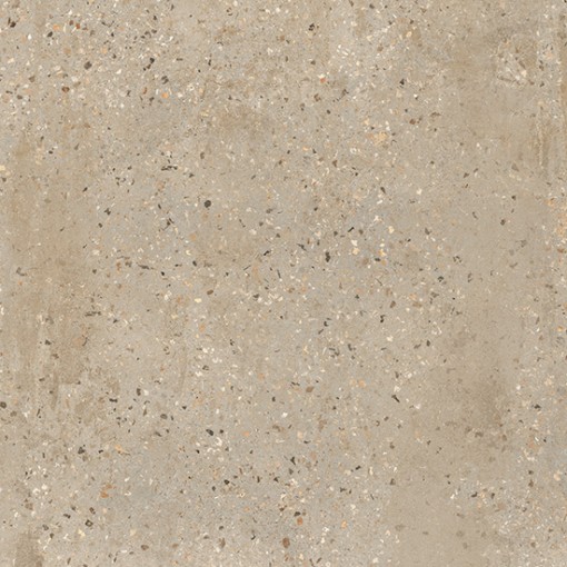 Gresowa podłogowa płytka imitująca betonowe lastryko Fioranese Alchimia Sabbia Naturale 30,2x30,2 AL302R na ścianie łazienki z podtynkową armaturą łazienkową w kolorze stali szczotkowanej.