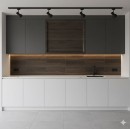 Nowoczesna kuchnia w układzie dwurzędowym, płytki ścienne Marazzi Crea Forma03 3D Rovere Scuro (ciemny dąb, efekt 3D, 60x135 cm) pokrywają przestrzeń między blatem a szafkami wiszącymi, szafki dolne są białe, a górne w kolorze matowego grafitu/antracytu