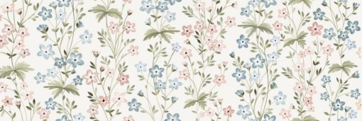 Dekoracyjna, prostokątna płytka ścienna Marazzi Flora Decoro Lawn Touch 30x90 cm, MP86, ma jasne tło i wzór w stylu tapety, przedstawiający gęsto rozmieszczone, delikatne gałązki i kwiaty, motyw jest utrzymany w pastelowej kolorystyce