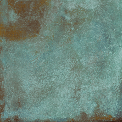 Płytka gresowa imitująca metal w kolorze turkusowym z widocznym efektem rdzy, matowa powierzchnia Caesar Alchemy TC. Mint Matt 30x30