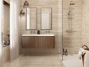 Płytka gresowa, podłogowa imitująca kamień w kolorze beżowym, wykończenie powierzchni w połysku, Pamesa Verona Sand Polished 60x120 położona na ścianie oraz podłodze w łazience gdzie znajduje się prysznic, wisząca szafka drewniana oraz dwa lustra