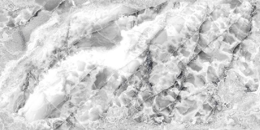 Płytka gresowa podłogowa imitująca onyks w szarym kolorze, wykończenie powierzchni w połysku, Netto Ceramika Onyx Sky Grey Polished 60x120