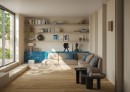 Nowoczesny, nasłoneczniony salon w stylu minimalistycznym, w którym głównym elementem wykończenia są brązowe płytki gresowe Marazzi Nobilis Noce Naturale 20x120 cm MQ92, płytki te, wiernie imitujące naturalne drewno z delikatnym usłojeniem
