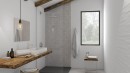 Płytka gresowa, podłogowa imitująca beton w białym kolorze, wykończenie powierzchni matowe, Pamesa Style Blanco Matt 30,3x61,3 położona na ścianie w łazience gdzie znajduje się  prysznic, drewniana półka z umywalka oraz wiszące lustro
