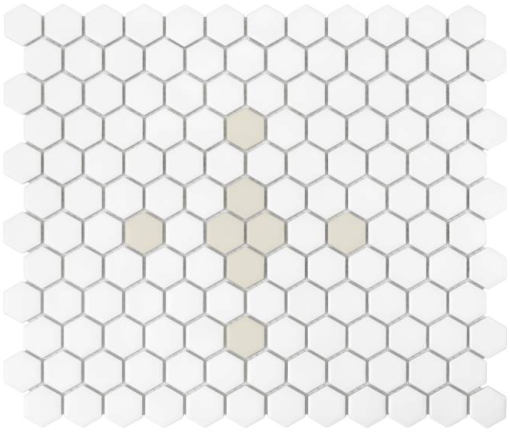Gresow podłogowa ścienna mozaika dekoracyjna złożona z małych hexagonów w białym i kremowym kolorze Dunin House Loves Mini Hexagon Cleo Matt 26x30