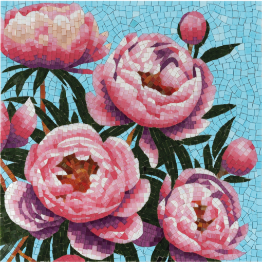 Mozaika DUNIN Mosaic Art Peonies 58x58. Artystyczny obraz mozaikowy z motywem różowych piwonii. Ręcznie układane kostki na błękitnym tle tworzą efektowny, kwiatowy mural. Wyjątkowa dekoracja ścienna, która nadaje wnętrzu romantyczny, malarski charakter.