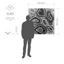 Rysunek techniczny przedstawiający szklaną mozaikę Dunin Mosaic Art Blue Agate 110x110 w zestawieniu z dorosłym człowiekiem.