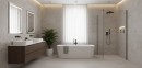 Nowoczesna łazienka wyłożona szarymi, strukturalnymi płytkami Marazzi Room Grigio Strutturato 60x120 cm MP72, które imitują naturalny kamień na ścianach i podłodze, w minimalistycznym wnętrzu centralną rolę gra wolnostojąca wanna
